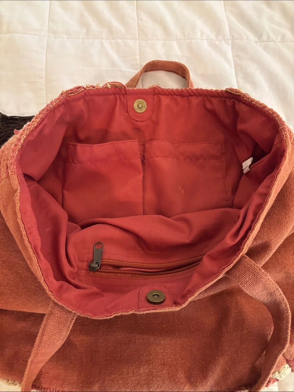 World Market Red-Brown and Green Woven Tote with Tassel 15x17 inches
